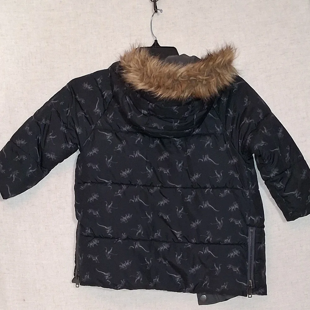 Dex Outerwear Kids Dinosaur Print Puffer Coat Faux Fur Hood Black Sz 4 Reversibe